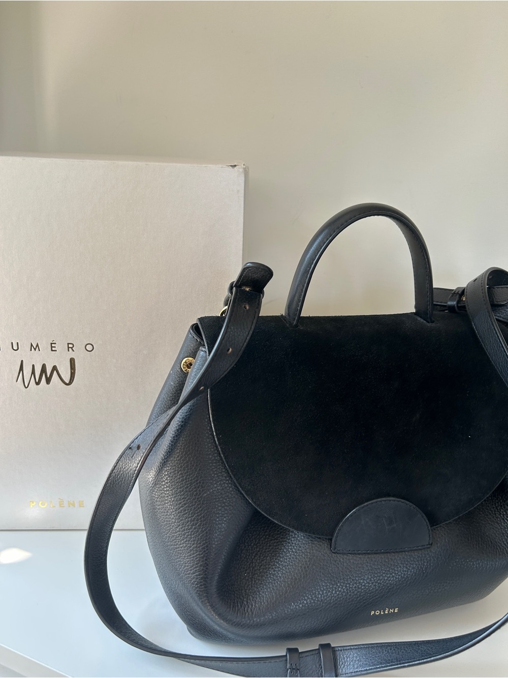 Polène Numéro Un Edition Large Black Leather Top Handle Crossbody Bag